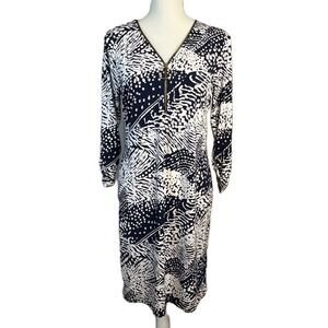 JM Collection Abstract Print Shift Dress M Zipper V-Neck Navy Office Artsy
